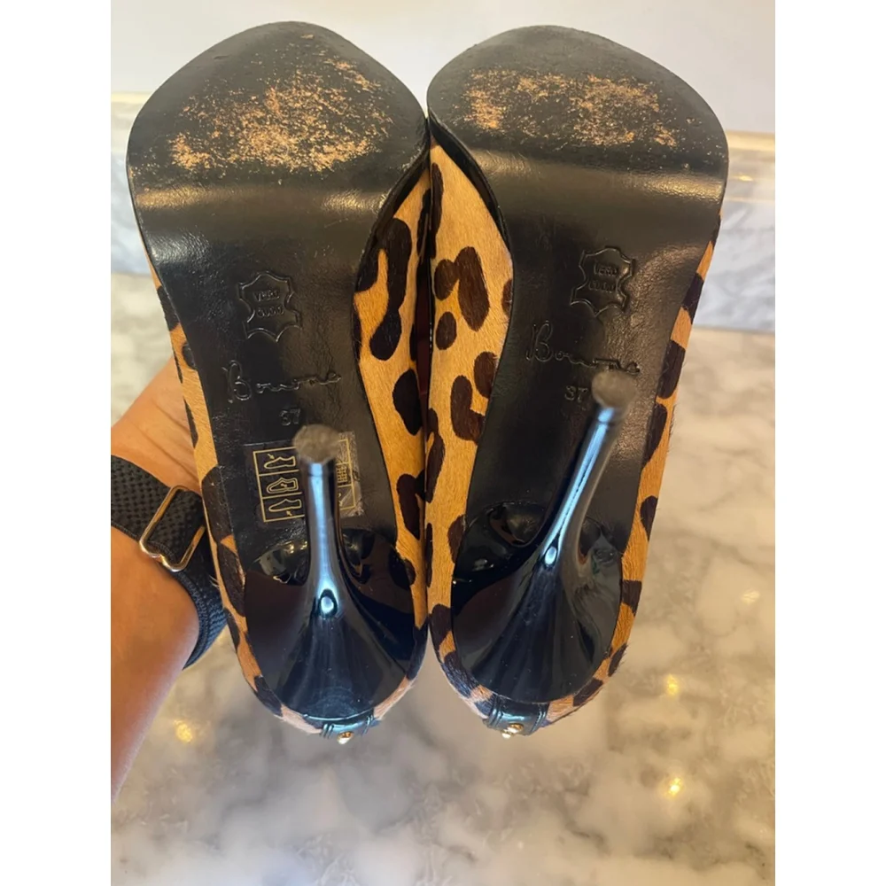 Y2K Bourne London Leopard Pony Hair Patent Leather Peep Toe Stiletto Heels Sz 37